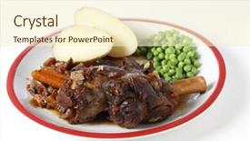  Presentation with wine green - Slide set featuring lamb shanks braised with wine onion garlic carrots mushrooms and herbs served with boiled jacket potatoes and green peas background and a cream colored foreground