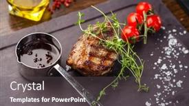  Presentation with modern food - PPT layouts having lamb-steak-with-cherry-tomatoes background and a dark gray colored foreground