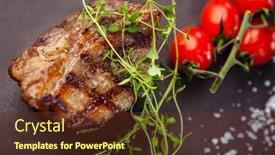  Presentation with modern food - Presentation having lamb-steak-with-cherry-tomatoes background and a tawny brown colored foreground