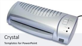  Presentation with desktop - Slides having lamined paper - office desktop laminator isolated background and a light blue colored foreground