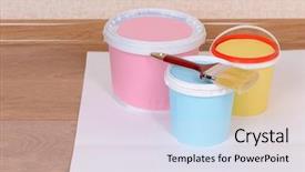  Presentation with painting walls paint roller - Presentation featuring lamined paper - paint on floor in room background and a  colored foreground