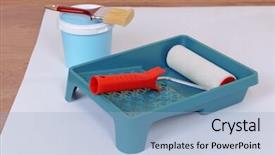  Presentation with painting walls paint roller - Slide deck consisting of businessman is doing a presentation in front of a empty white screen with copyspace background and a gray colored foreground