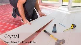  Presentation with wooden floor and gold frame - Cool new slides with laminates - handyman installing new laminated wooden backdrop and a soft green colored foreground