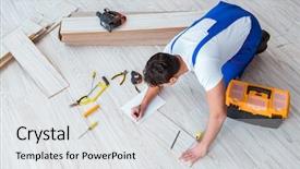  Presentation with flooring - Presentation theme consisting of laminates - repairman laying laminate flooring background and a  colored foreground