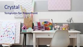  Presentation with home design - Colorful slide deck enhanced with lamp basket - colorful design workplace at home backdrop and a sky blue colored foreground