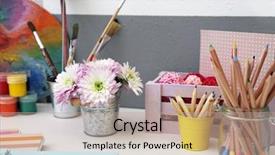  Presentation with home design - PPT layouts with lamp basket - colorful design workplace at home background and a coral colored foreground