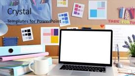  Presentation with workplace - Theme with lamp basket - workplace with laptop close up background and a light blue colored foreground