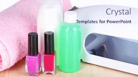  Presentation with nails manicure - Slide deck having lamp for nails and accessories for manicure on table on bright background background and a sky blue colored foreground