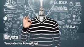  Presentation with head - Presentation featuring lamp head man in striped pullovert showing ok sign background and a ocean colored foreground