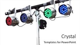  Presentation with lamps - Slide set enhanced with young woman showing finger point up background and a light gray colored foreground