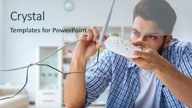  Presentation with internet - Theme with lan - frustrated young man due background and a sky blue colored foreground