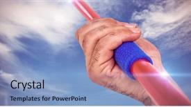  Presentation with hand holding pencil - PPT theme having up of hand holding javelin background and a light blue colored foreground