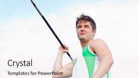  Presentation with track field throwing - Slide deck with handsome male throwing a javelin background and a  colored foreground