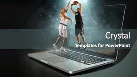  Presentation with dynamic - Presentation enhanced with lancer du poids athletisme - caucassian basketball player in dynamic background and a dark gray colored foreground