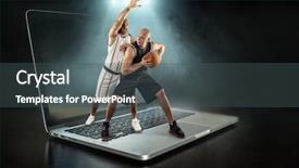  Presentation with dynamic - Slide deck having lancer du poids athletisme - caucassian basketball player in dynamic background and a dark gray colored foreground