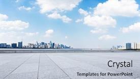  Presentation with empty stage blue curtain - Slide deck with land bank - empty brick floor and cityscape background and a lemonade colored foreground