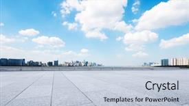  Presentation with blue marble - Presentation theme having land bank - empty marble floor and cityscape background and a lemonade colored foreground