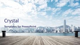  Presentation with wooden floor and gold frame - Slide set having land bank - empty wooden floor and cityscape background and a sky blue colored foreground