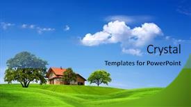  Presentation with green house - Beautiful presentation theme featuring land bank - house and green landscape backdrop and a light blue colored foreground