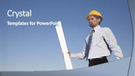  Presentation with field - Cool new slide deck with land blueprints - businessman with blue prints backdrop and a teal colored foreground