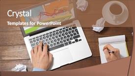  Presentation with coffe - Audience pleasing PPT theme consisting of land blueprints - computer coffe notebook and hands backdrop and a tawny brown colored foreground