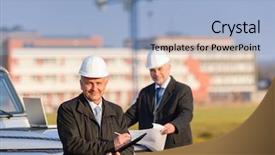  Presentation with disaster recovery site - Slides featuring land blueprints - male architect developers on construction background and a light blue colored foreground