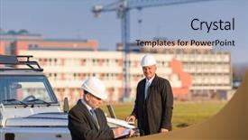  Presentation with building construction water supply - Amazing presentation design having land blueprints - male architect developers on construction backdrop and a light blue colored foreground