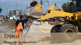  Presentation with road injuries - Presentation theme with land devloper - worker and road loader background and a coral colored foreground