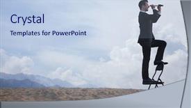  Presentation with telescope - PPT theme featuring land opportunity - businessman standing on chair background and a sky blue colored foreground