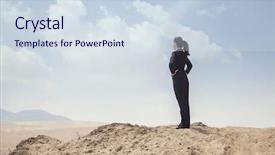  Presentation with cutout paper people standing around globe holding hands - Cool new PPT theme with land opportunity - young businesswoman standing with hands backdrop and a  colored foreground