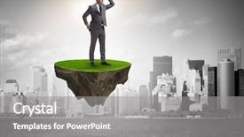  Presentation with land - PPT layouts enhanced with land promoter business - businessman on flying island looking background and a  colored foreground