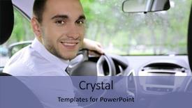  Presentation with sleepy yawning man driving car - PPT theme enhanced with land sell - man driving car background and a seafoam green colored foreground