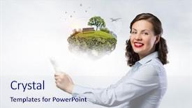  Presentation with life insurance concept leaflets - Presentation theme enhanced with land use - woman demonstrating green life concept background and a  colored foreground