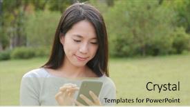  Presentation with smart - Cool new slides with land use - young woman using smart phone backdrop and a mint green colored foreground