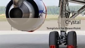  Presentation with gear - Theme having landing gear - back view at turbojet aeroengine background and a mint green colored foreground