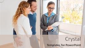  Presentation with realtor - Amazing PPT theme having landlady-or-realtor-woman-showing backdrop and a soft green colored foreground