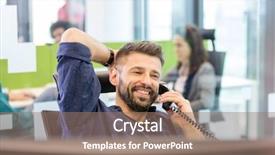  Presentation with telephone - Slide set consisting of landline phone - smiling mid adult businessman talking background and a coral colored foreground