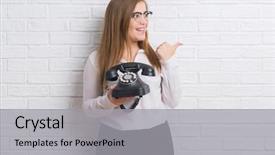  Presentation with white brick wall - Slides enhanced with landline phone - young adult woman over white background and a light gray colored foreground