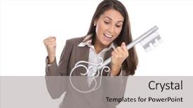  Presentation with holding hands - Slide deck enhanced with landlord - cheering isolated woman holding key background and a  colored foreground