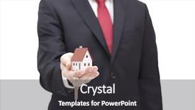  Presentation with house key - Beautiful presentation theme featuring landlord - house key in businessman hand backdrop and a dark gray colored foreground