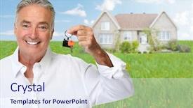  Presentation with landlord - PPT theme consisting of landlord - senior man with house key background and a sky blue colored foreground