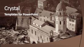  Presentation with buildings - Slide set having landmark church bell tower background and a tawny brown colored foreground