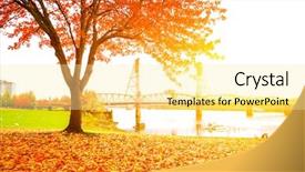  Presentation with steel bridge - Audience pleasing slide deck consisting of landmark steel bridge in portland from riverbank with red fallen leaves backdrop and a blonde colored foreground