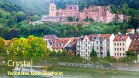  Presentation with boat river - Colorful PPT theme enhanced with landmarks-and-beautiful-towns backdrop and a tawny brown colored foreground