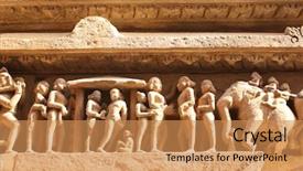  Presentation with human animals - Presentation theme having landmarks humanities - famous human and animals sculptures background and a coral colored foreground