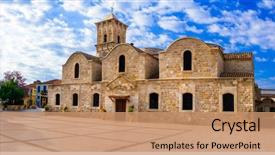 Presentation with church - Audience pleasing PPT theme consisting of landmarks of cyprus - byzantin church backdrop and a coral colored foreground