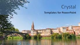  Presentation with bridge - Presentation theme having landscape-bridge-and-village background and a light blue colored foreground