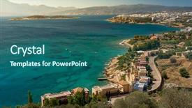  Presentation with crete island - Slides having landscape mountains and view of a small harbor of crete island greece background and a ocean colored foreground