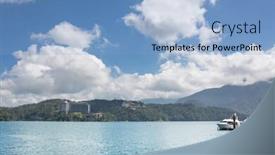  Presentation with lake dock - Audience pleasing PPT theme consisting of landscape of famous attraction sun moon lake at taiwan with boats on dock at sunny day backdrop and a light blue colored foreground
