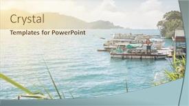 Presentation with lake dock - Presentation having landscape of famous attraction sun moon lake at taiwan with boats on dock at sunny day background and a cream colored foreground